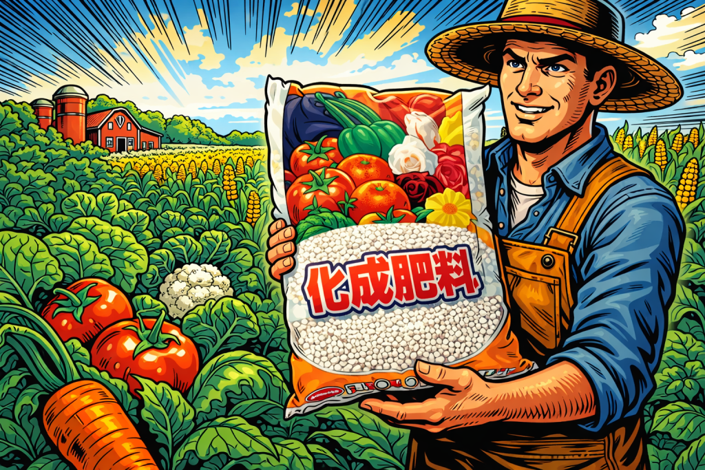 化成肥料を農場で使う男性