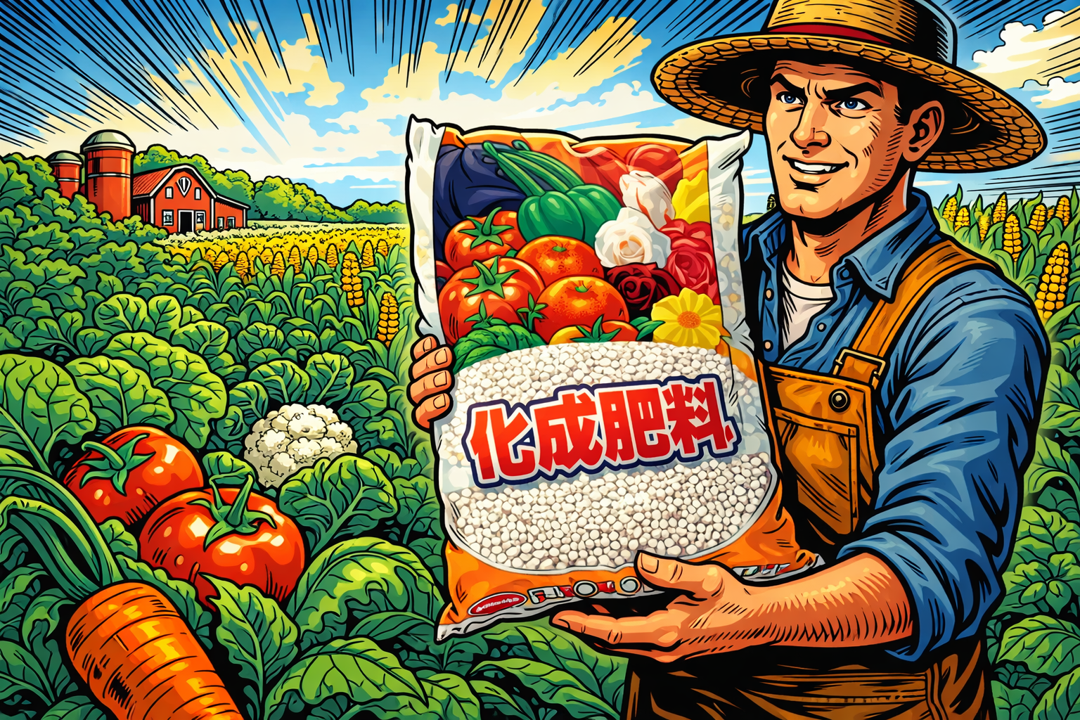 化成肥料を農場で使う男性