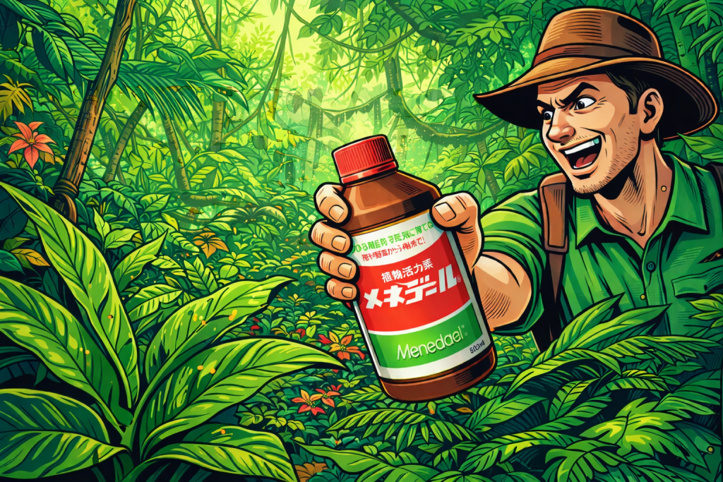 ジャングルでメネデールを持つ男性