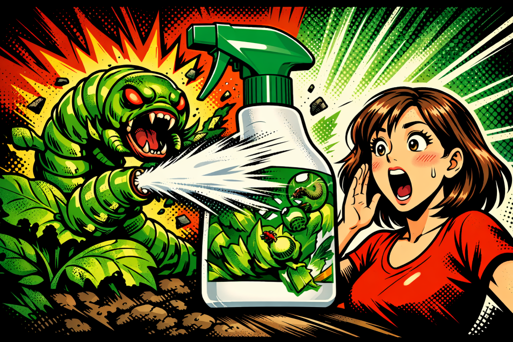 緑色のスプレーノズルを備えた園芸用殺虫スプレーボトルが葉を食べる害虫対策として野菜の葉の前に置かれている様子