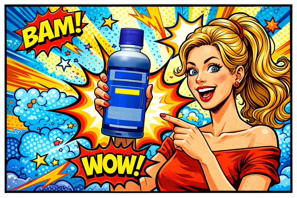 青いラベルの除草剤ボトルを手に持ち屋外で使用する準備をしている様子