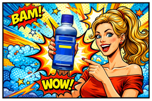 青いラベルの除草剤ボトルを手に持ち屋外で使用する準備をしている様子