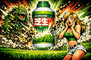 芝生用除草剤シバニードアップのボトル容器が芝生の上に置かれている様子