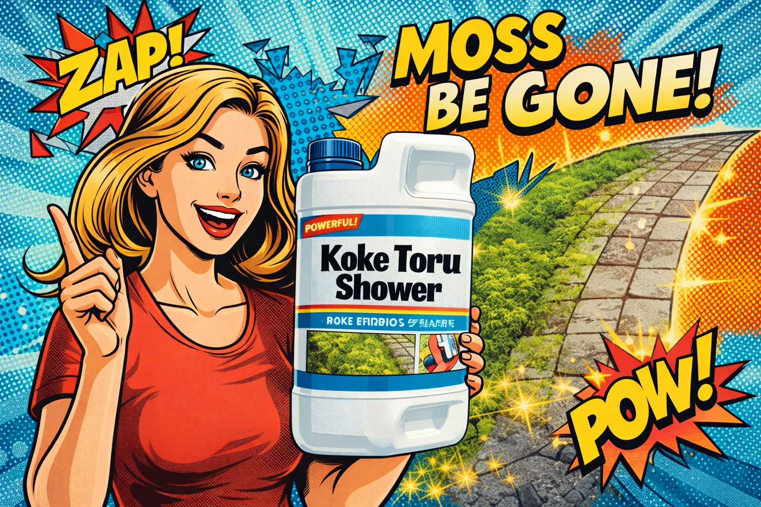 コケ除去剤のボトル容器が屋外のコンクリート表面のコケ対策用途として配置されている状態