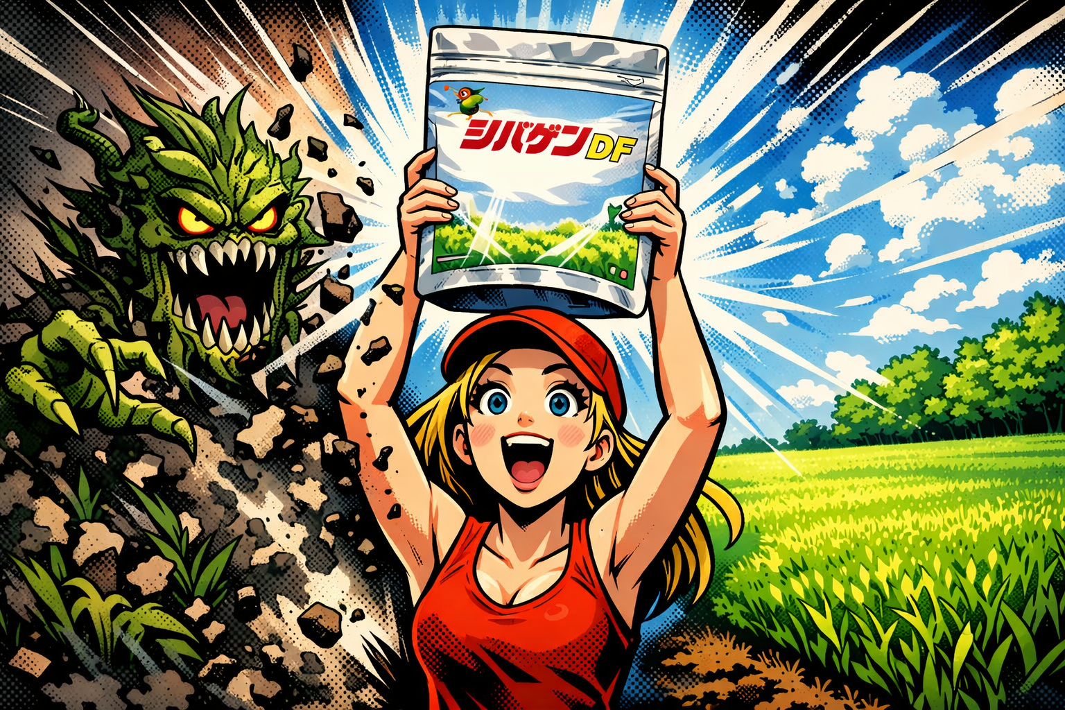 シバゲンDFのパッケージを手に持ち芝生と雑草が対比された除草剤の使用シーン