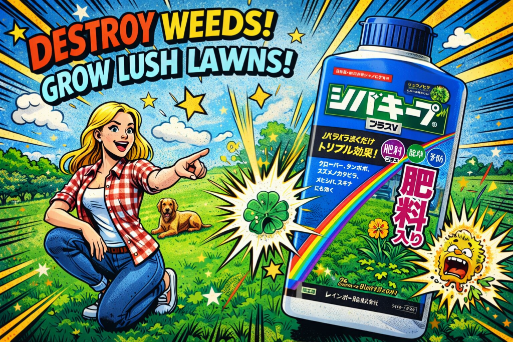 青い容器の芝生用除草剤が庭の芝の上で使用される様子で粒剤タイプの特長が分かる構図