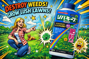 青い容器の芝生用除草剤が庭の芝の上で使用される様子で粒剤タイプの特長が分かる構図