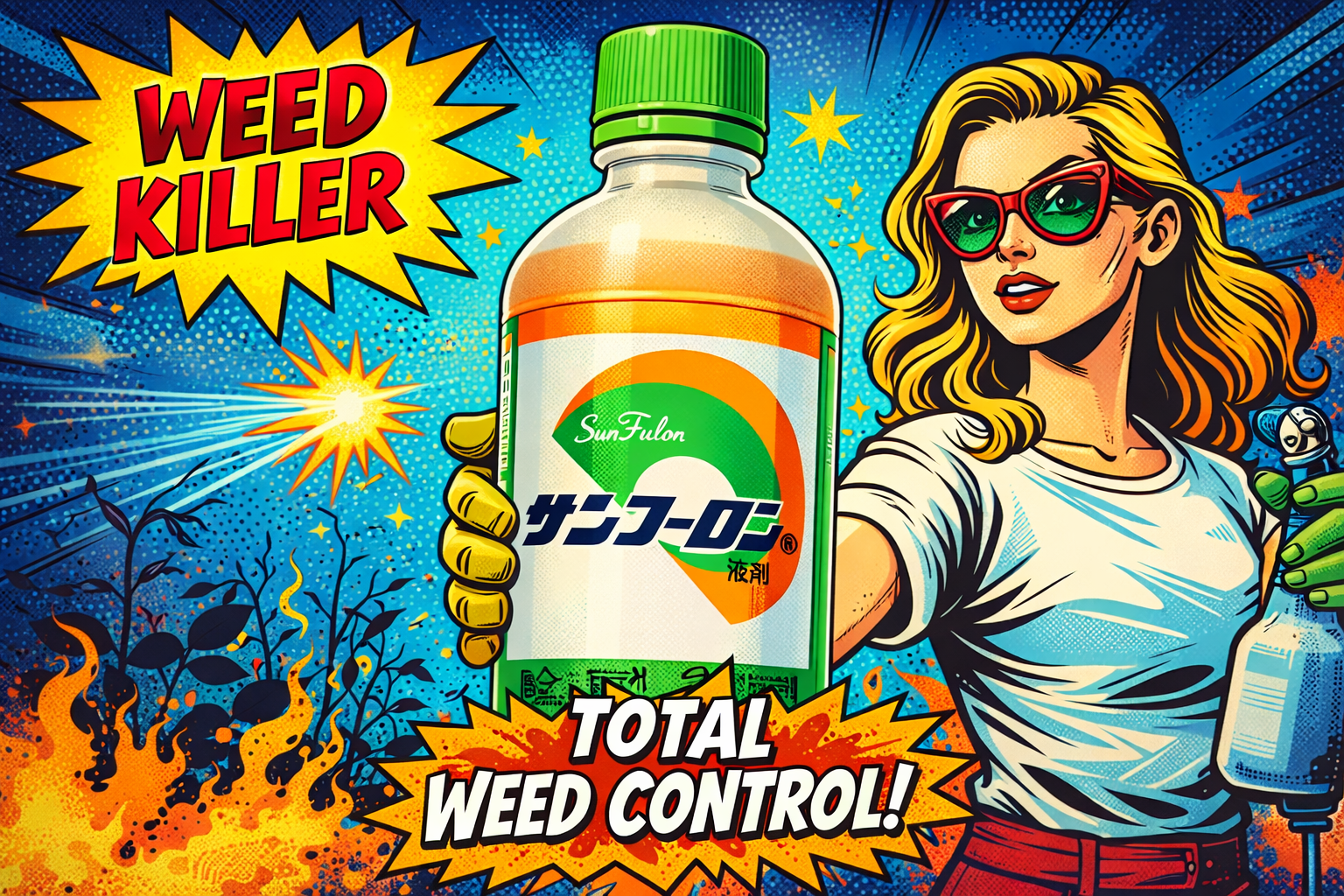 除草剤ボトルを手に持つ女性が雑草を枯らす様子を表現したシーン