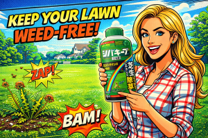 芝生の庭で女性が除草剤ボトルを持ち雑草が枯れていく様子を示している