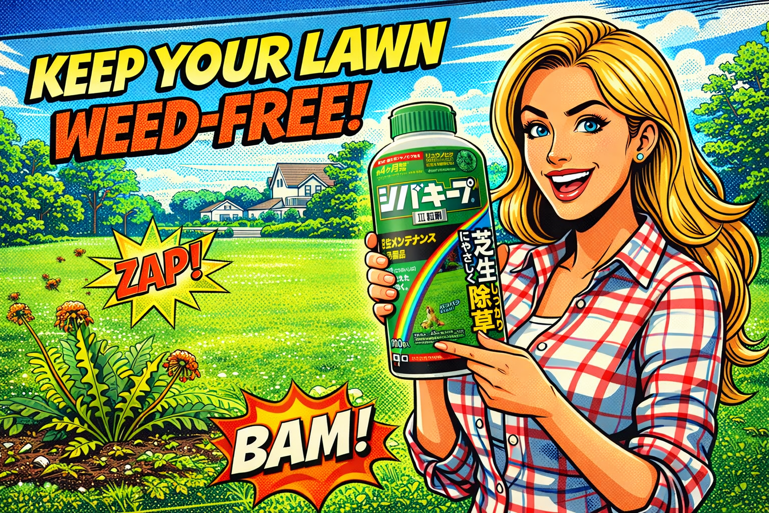 芝生の庭で女性が除草剤ボトルを持ち雑草が枯れていく様子を示している