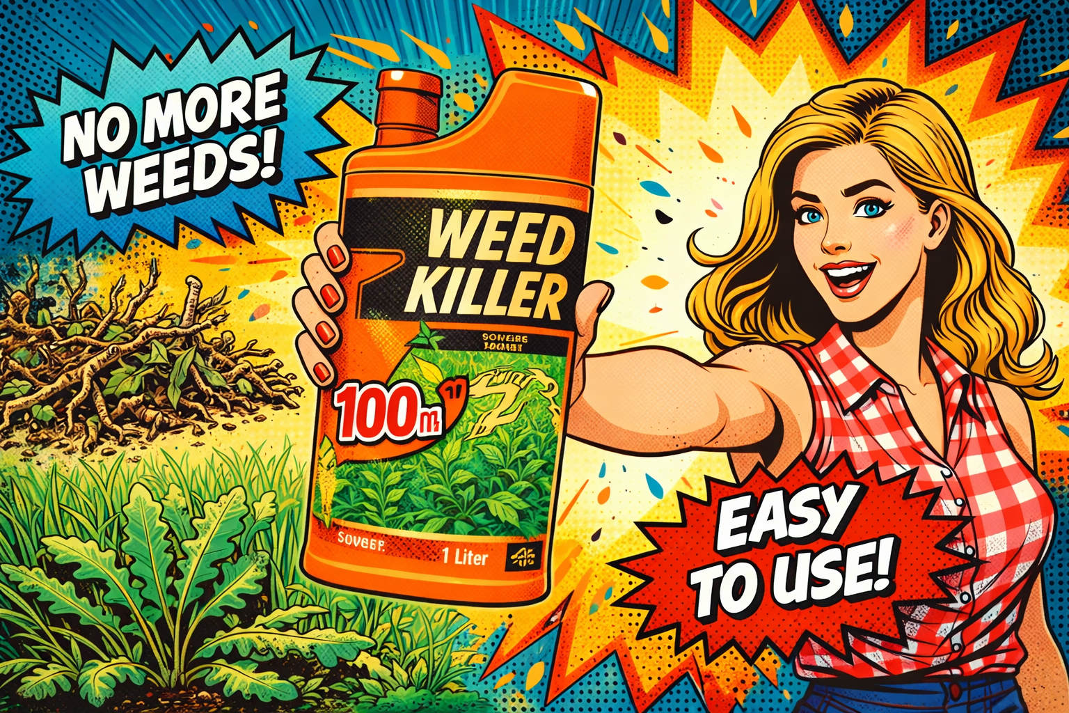 オレンジ色の除草剤ボトルを手に持った女性が庭の雑草に散布している様子