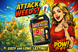 黒いボトル容器に入った除草剤で長期間持続効果と広範囲散布に対応した家庭用製品